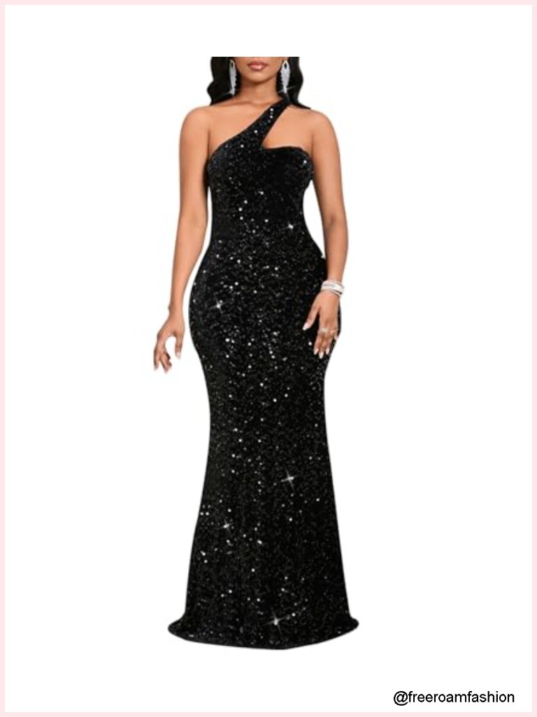 One Shoulder Sequined Mermaid Evening Gown Maxi Dress